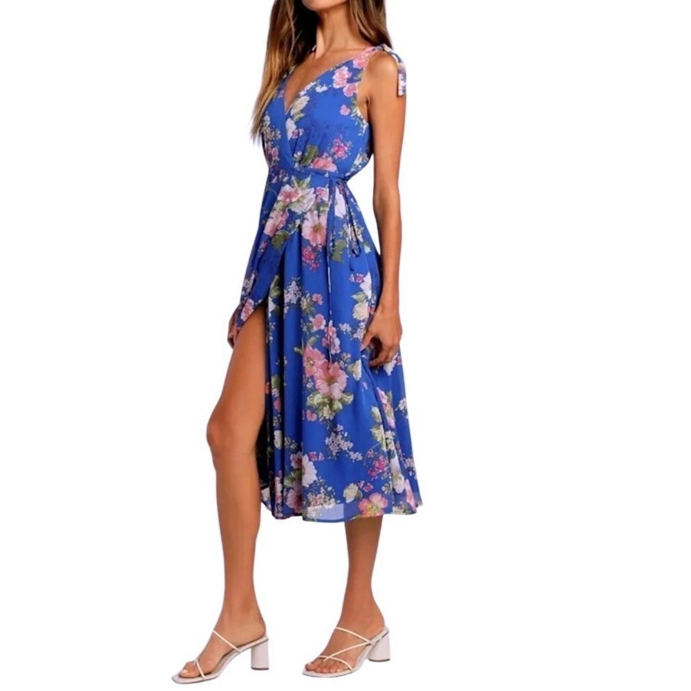 NWT Lulus Sensational Season Blue Floral Tie-Strap‎ Wrap Midi Dress S Sundress - Picture 2 of 10
